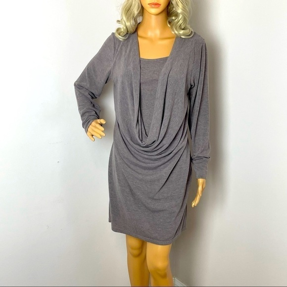 2 Sisters Long Sleeve Dress with Cowl Neck Overlay Gray Size Medium - Picture 1 of 10